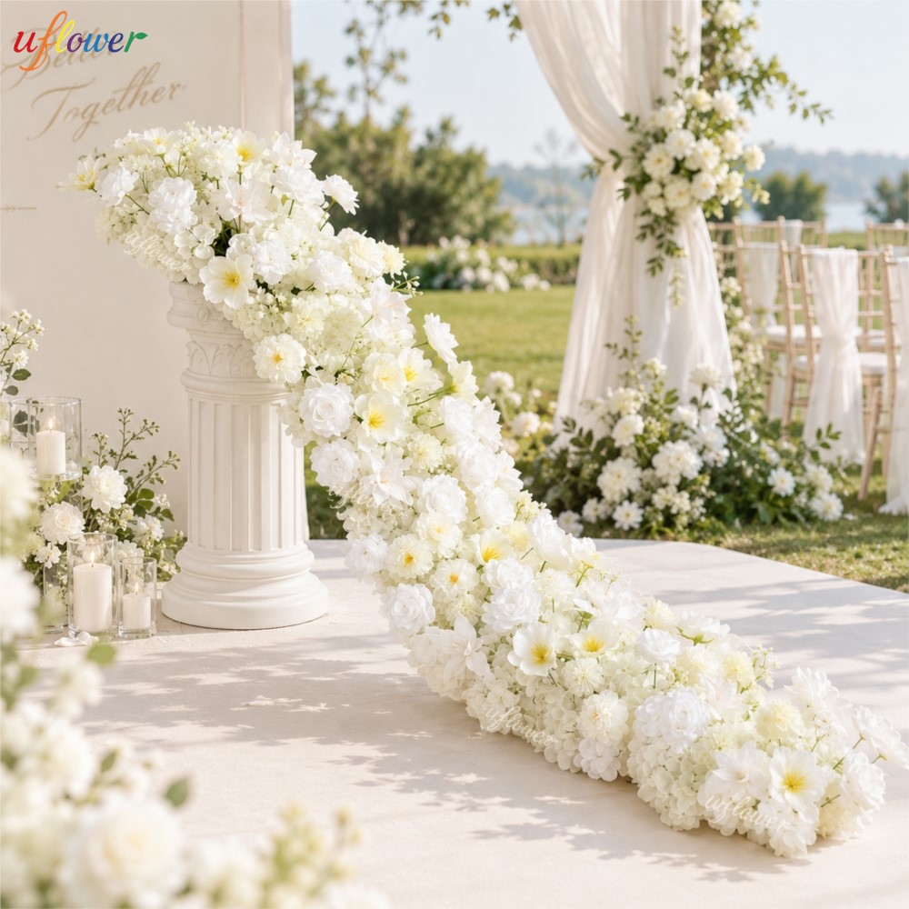 Table Runner - Uflower Beyaz Gül ve Ortanca Yapay